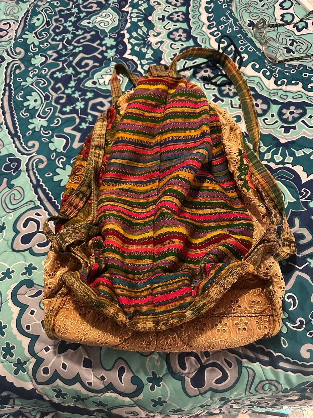 Vintage Floral Banjara Embroidered Drawstring Art Backpack